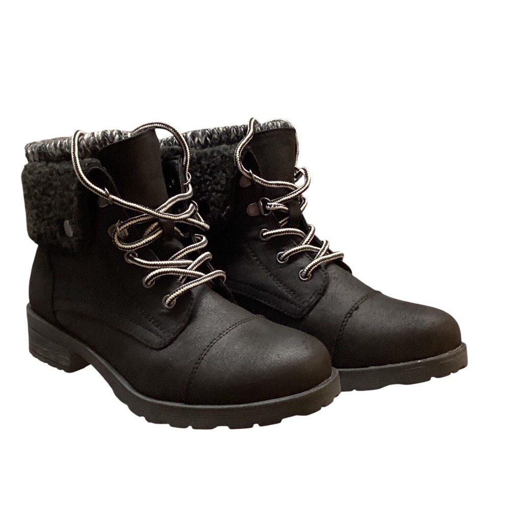 Black Faux Leather Lace Up Fur Lined Combat Boots Women